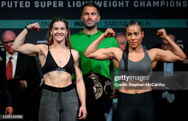 Dublin , Ireland - 19 May 2023; Terri Harper, left, and Cecilia Braekhus during weigh-ins, at Mansion House in Dublin, ahead of their WBA world...