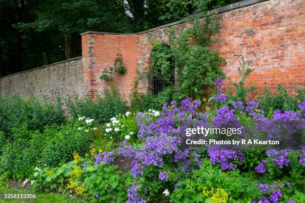 flower borders and old walled garden gate - garden wall stock pictures, royalty-free photos & images