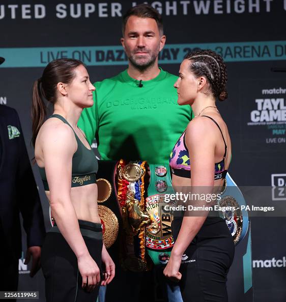 Chantelle Cameron and Katie Taylor during a weigh-in at The Round