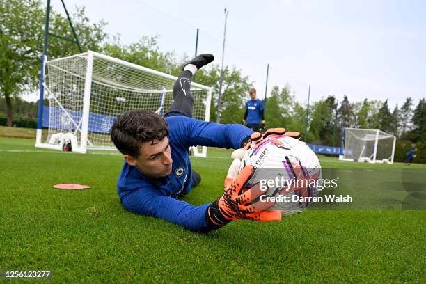 Kepa Arrizabalaga of Chelsea during a training session at Chelsea Training Ground on May 19, 2023 in Cobham, England.