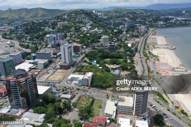 This aerial photograph shows a general view of Papua New Guinea's capital Port Moresby on May 19, 2023.