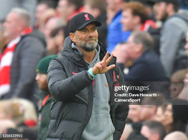 Liverpool's Manager Jurgen Klopp during the Premier League match between Liverpool FC and Arsenal FC at Anfield on April 9, 2023 in Liverpool, United...