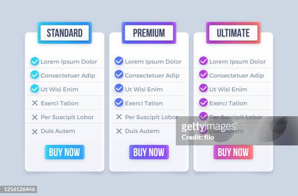 drei paketoptionen standard premium ultimate kaufoptionen - einstiegsseite stock-grafiken, -clipart, -cartoons und -symbole