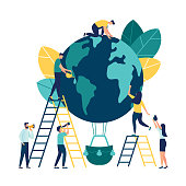 Vector flat illustration, little people are preparing for the day of the environment, save the planet, a balloon in the form of a planet