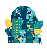 Vector flat illustration, little people are preparing for the holiday, saving the planet, World Environment Day, Bio technology, a city in the background of the planet