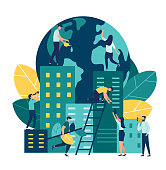 Vector flat illustration, little people are preparing for the holiday, saving the planet, World Environment Day, Bio technology, a city in the background of the planet