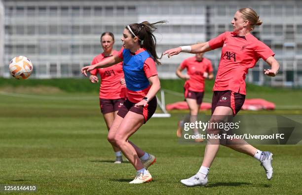 Carla Humphrey and Natasha Dowie of Liverpool FC Women during a training session at Solar Campus on May 19, 2023 in Wallasey, England.