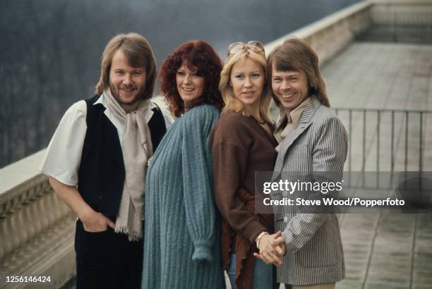 Swedish pop group ABBA Benny Andersson, Anni-Frid Lyngstad, Agnetha Faltskog and Bjorn Ulvaeus photographed at the Dorchester Hotel during a visit to...