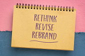 rethink, revise, rebrand - motivational handwriting