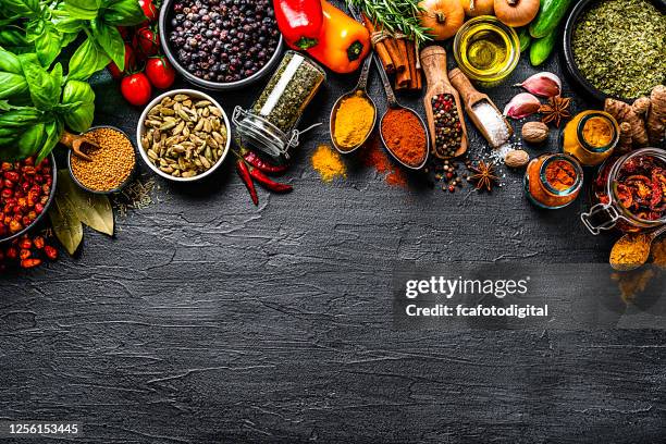 cooking and seasoning ingredients frame. copy space - dried food stock pictures, royalty-free photos & images