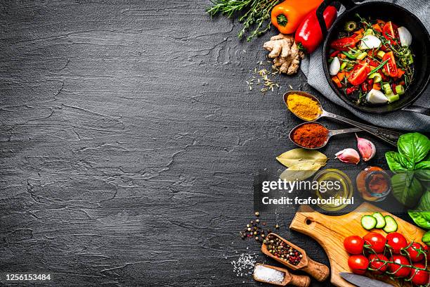 cooking and seasoning ingredients frame. copy space - indian food on table stock pictures, royalty-free photos & images