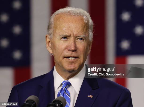 Democratic presidential candidate former Vice President Joe Biden speaks at the Chase Center July 14, 2020 in Wilmington, Delaware. Biden delivered...