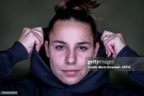 Lena Oberdorf of VfL Wolfsburg poses during the UEFA Women's Champions League Finalist Access Day at Volkswagen Arena on May 10, 2023 in Wolfsburg,...