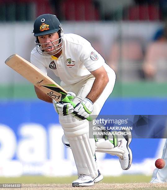 Australian batsman Ricky Ponting plays a shot during the fourth day of the third and final Test match between Australia and Sri Lanka at The...