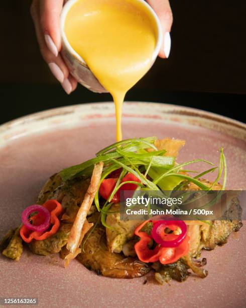 close-up of woman preparing meal - pouring sauce stock pictures, royalty-free photos & images