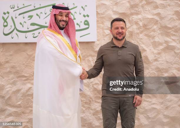 Saudi Arabian Crown Prince Mohammed bin Salman meets Ukrainian President Volodymyr Zelenskyy in Jeddah, Saudi Arabia on May 19, 2023.