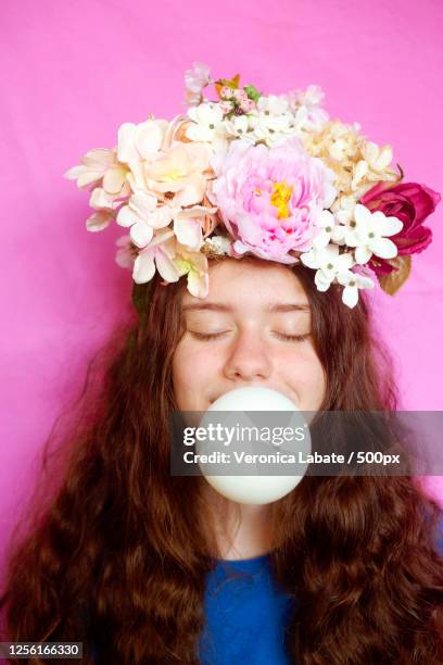 portrait of teenage girl with flower crown, cagliari, italy - flower crown stock pictures, royalty-free photos & images
