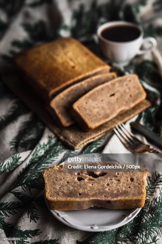 Banana bread cake with black coffee cup, Minsk, Belarus