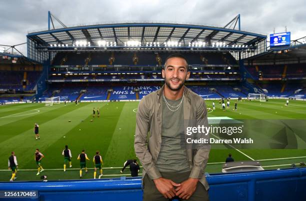 Hakim Ziyech of Chelsea FC poses for a photo inside the stadium prior to the Premier League match between Chelsea FC and Norwich City at Stamford...