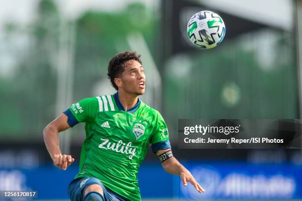 Shandon Hopeau of the Seattle Sounders looks at the ball during a game between Seattle Sounders FC and Chicago Fire at Wide World of Sports on July...