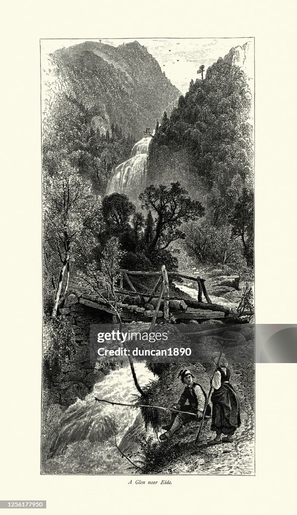 Couple fishing in a Glen near Eide, Norway, 19th Century