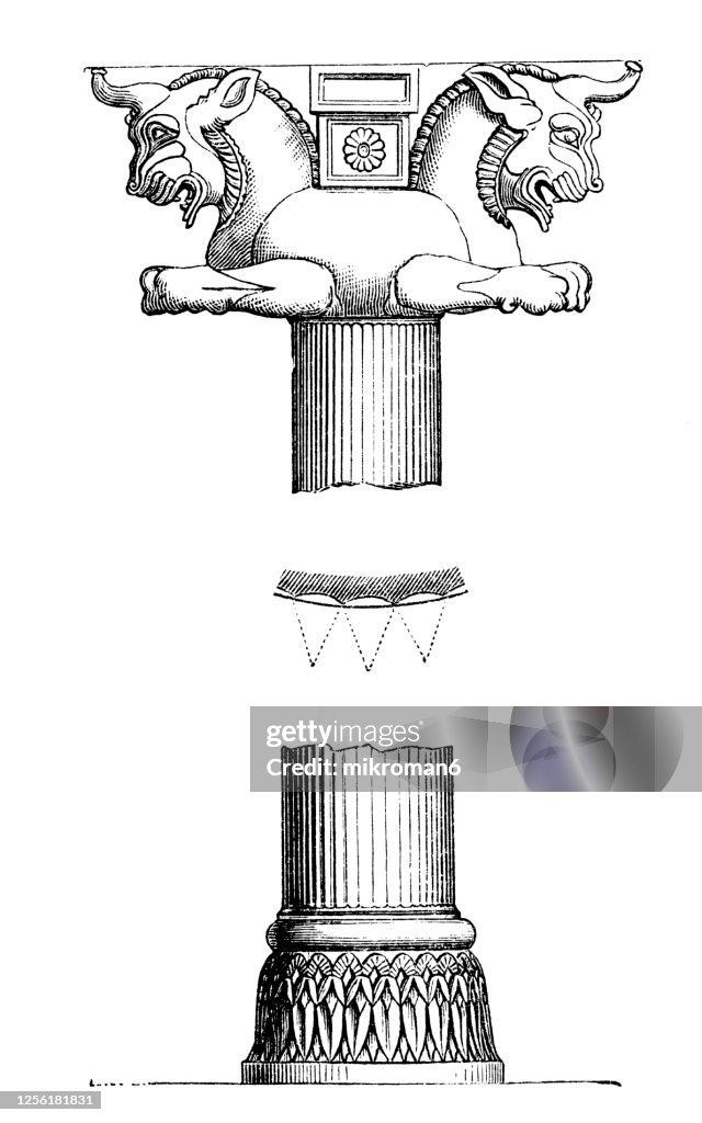 Old engraved illustration of Persian columns or Persepolitan columns,  Persian architecture