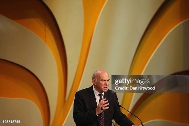 Business Secretary Vince Cable speaks during the Liberal Democrat Autumn Conference at the International Convention Centre on September 19, 2011 in...