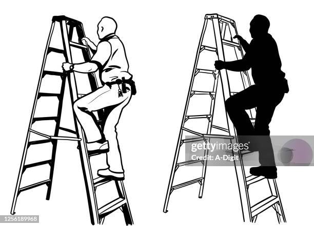 klettern eine leiter sicherheitspersonal silhouette - step ladder stock-grafiken, -clipart, -cartoons und -symbole