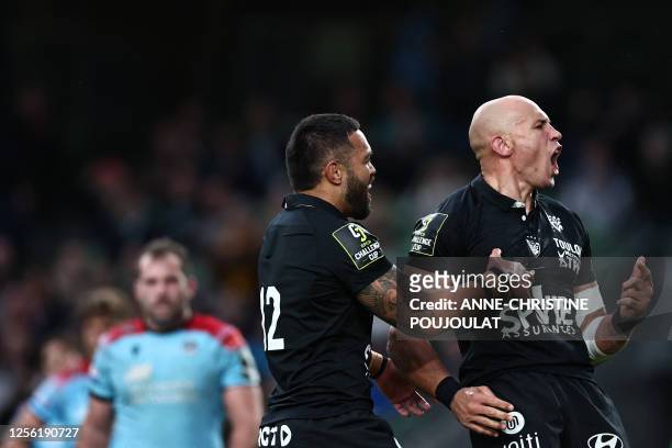 Toulon's Italian number eight Sergio Parisse celebrates after scoring a try during the European Challenge Cup rugby union final match between Glasgow...