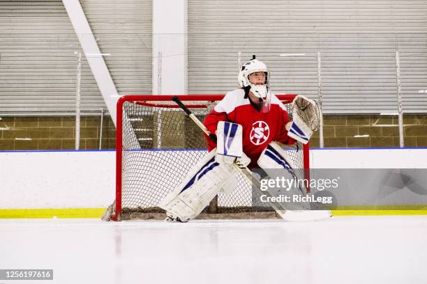portiere di hockey su ghiaccio donna sul ghiaccio - portiere giocatore di hockey su ghiaccio foto e immagini stock