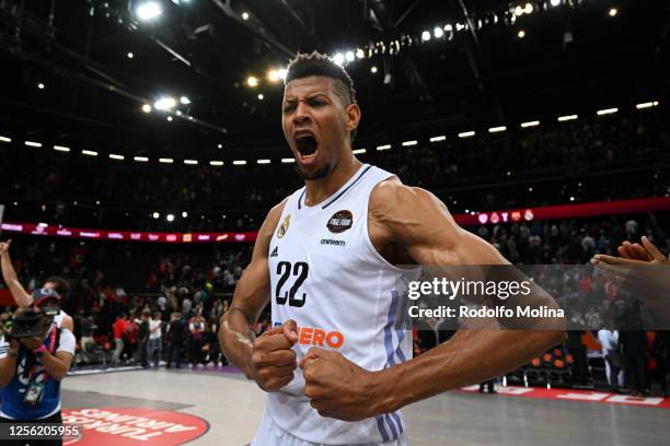 Walter Tavares, #22 of Real Madrid celebrates at the end of Turkish Airlines EuroLeague Final Four Kaunas 2023 Semi Final B match between FC...