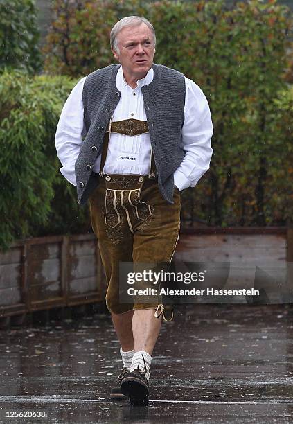 Assistent coach Hermann Gerland of FC Bayern Muenchen arrives for the Paulaner photocall at Bayern Muenchen's trainings ground Saebener Strasse on...