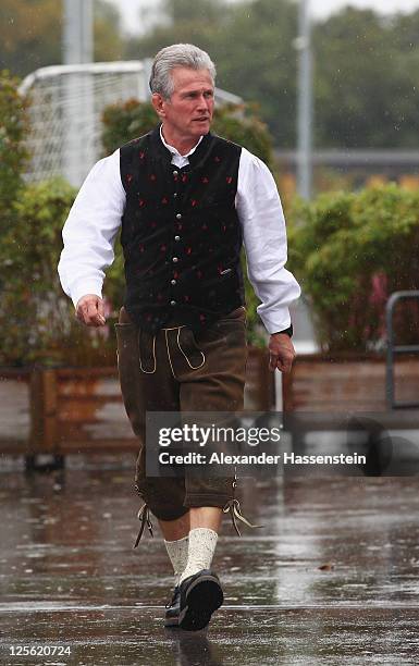 Head coach Jupp Heynckes of FC Bayern Muenchen arrives for the Paulaner photocall at Bayern Muenchen's trainings ground Saebener Strasse on September...