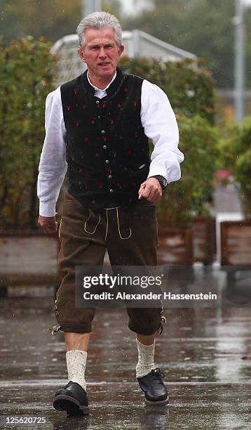 Head coach Jupp Heynckes of FC Bayern Muenchen arrives for the Paulaner photocall at Bayern Muenchen's trainings ground Saebener Strasse on September...