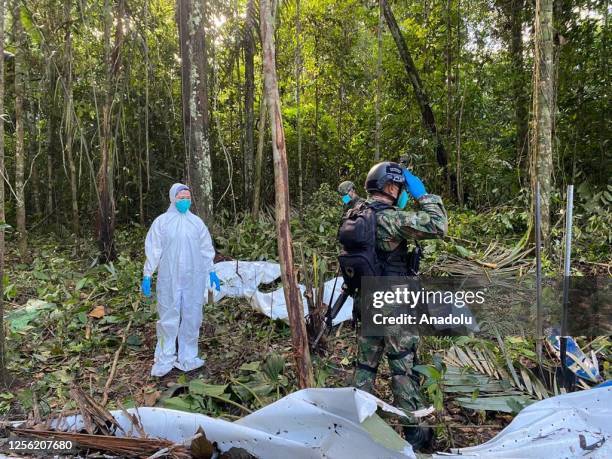 Search and rescue teams of Colombian Army conduct operation at the scene after a plane crashed in the jungle more than two weeks ago in Colombia on...