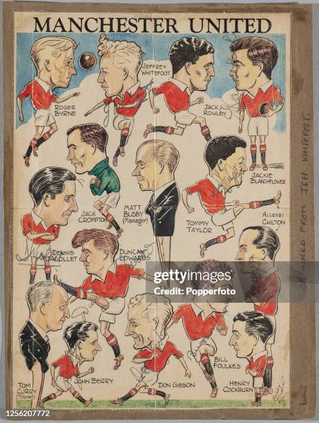 An original mid-1950s caricature sheet including nine Manchester United autographs from the 'Busby Babes' era. Comprising of Roger Byrne, Duncan...