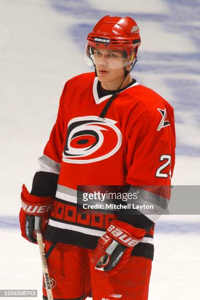 Sami Kapanen of the Carolina Hurricanes looks on before a NHL hockey game against the Washington Capitals at MCI Center on November 8, 2001 in...