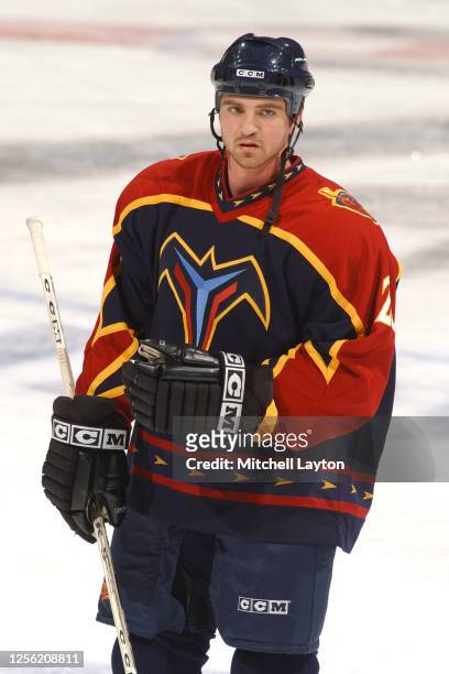 Brett Clark of the Atlanta Thrashers looks on before a NHL hockey game against the Washington Capitals at MCI Center on November 11, 2001 in...