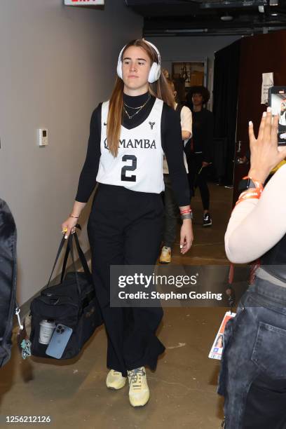 Sabrina Ionescu of the New York Liberty arrives to the arena wearing the Nike Sabrina 1 before the game against the Washington Mystics on May 19,...