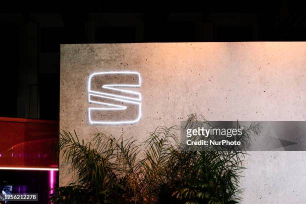 May 19: The SEAT logo, the Spanish car manufacturer and part of the Volkswagen Group, on their stand during the Automobile Barcelona International...