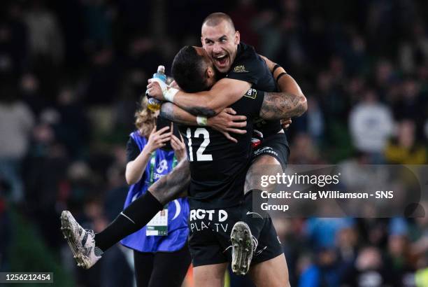 Gabin Villiere and Gabin Villiere celebrate the win during a EPCR Challenge Cup Final match between Glasgow Warriors and RC Toulon at the Aviva...