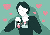 Couple conflict concept. Woman crying hand ripping photo of the couple vector illustration. portrait of happy spouses or picture with family memories. Concept of breakup or divorce