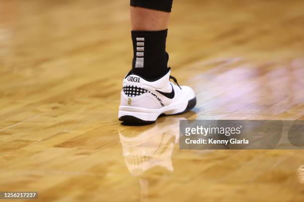 The sneakers worn by Sabrina Ionescu of the New York Liberty during the game against the Washington Mystics on May 19, 2023 at Entertainment & Sports...