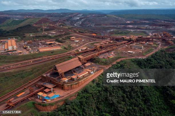 Aerial view showing the N4WS iron ore mine of the Brazilian mining company VALE, part of the Carajas Mining Complex, surrounded by Amazonia...