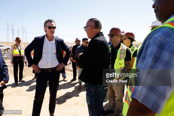 California Governor Gavin Newsom , meets with NorCal Carpenters Union workers along the construction of the Battery Energy Storage Systems for the...