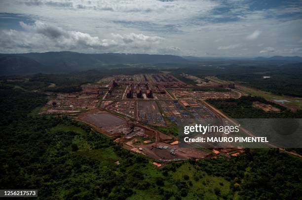 Aerial view showing the N4WS iron ore mine of the Brazilian mining company VALE, part of the Carajas Mining Complex, surrounded by Amazonia...