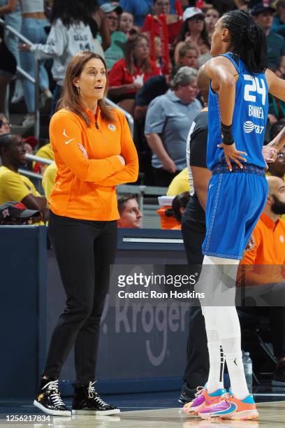 Head Coach Stephanie White speaks with DeWanna Bonner of the Connecticut Sun during the game against the Indiana Fever on May 19, 2023 at Gainbridge...