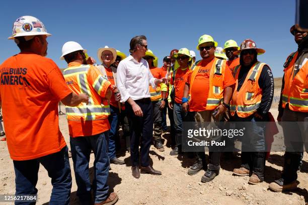 California Governor Gavin Newsom talks with Laborers Union 1130 at the construction of the Battery Energy Storage Systems for the future site of...