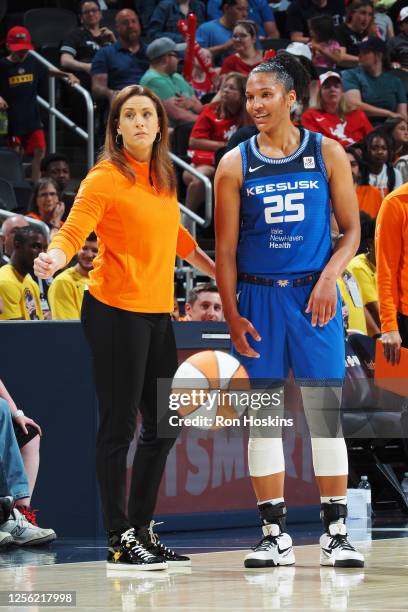 Head Coach Stephanie White speaks with Alyssa Thomas of the Connecticut Sun during the game against the Indiana Fever on May 19, 2023 at Gainbridge...