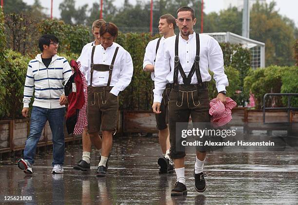 Franck Ribery of FC Bayern Muenchen arrives for the Paulaner photocall at Bayern Muenchen's trainings ground Saebener Strasse on September 19, 2011...